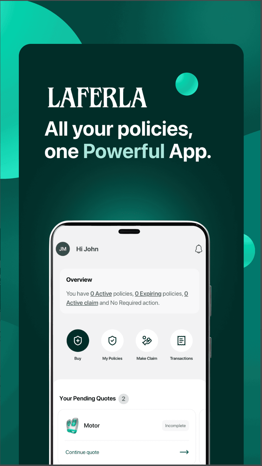 Laferla Insurance Mobile App interface view 2
