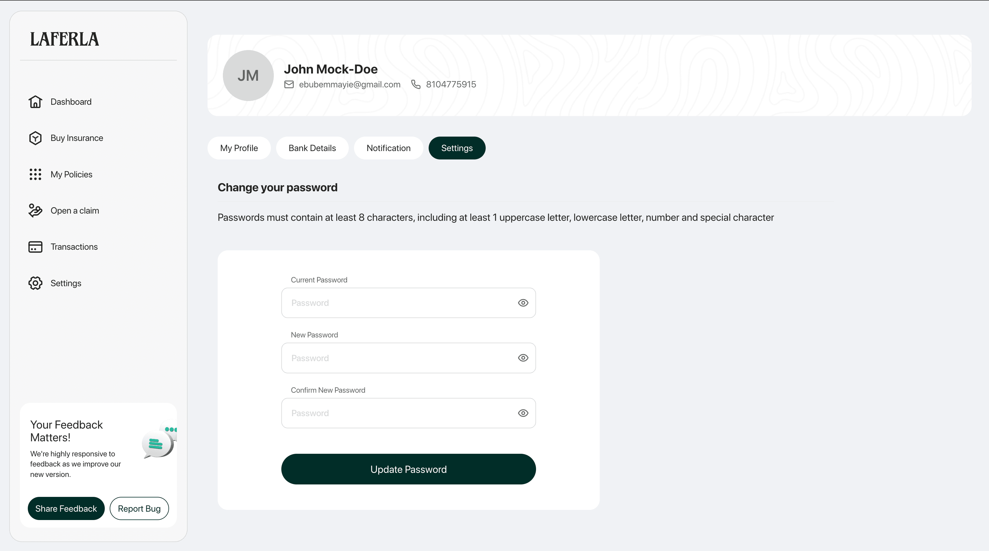 Laferla Insurance Web App interface view 2