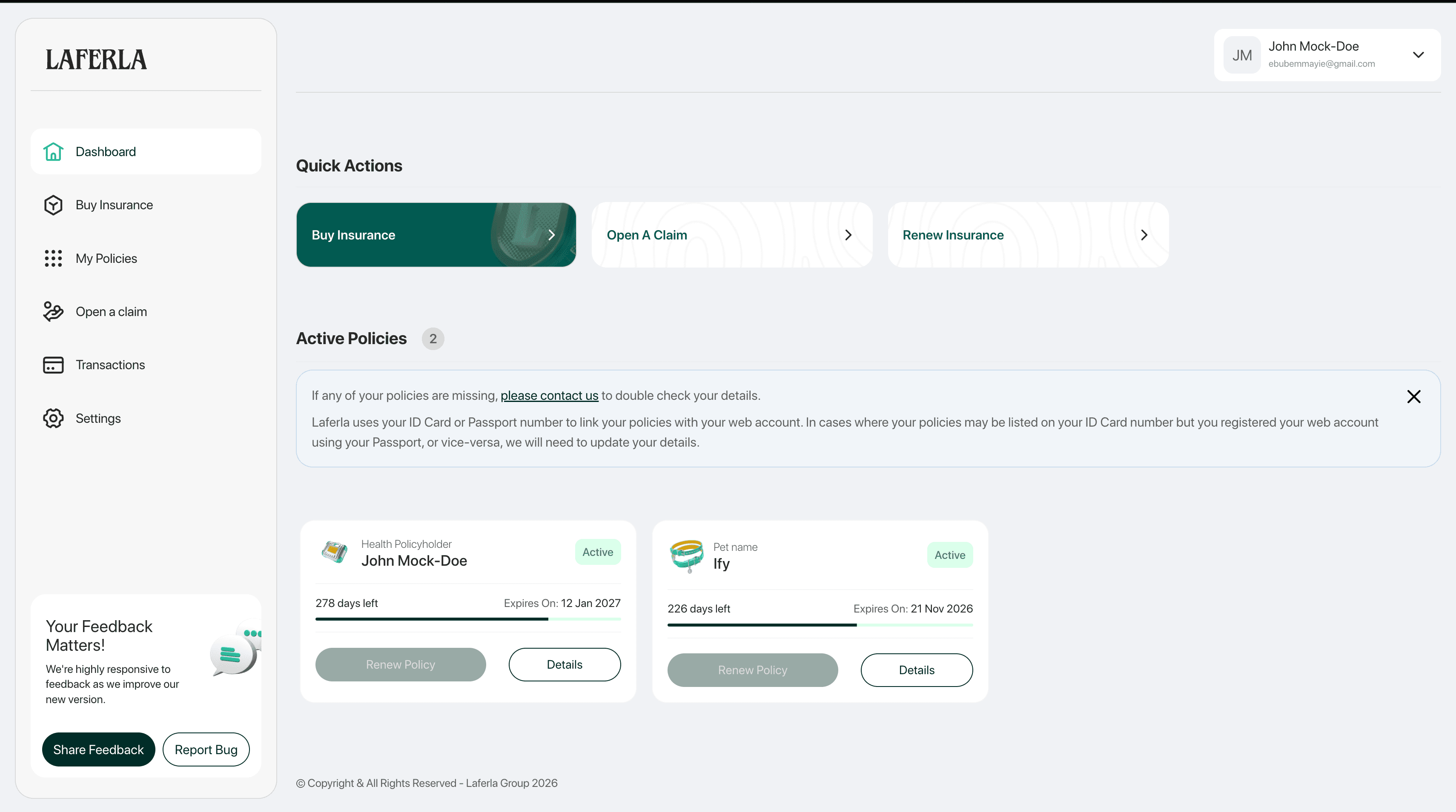 Laferla Insurance Web App interface